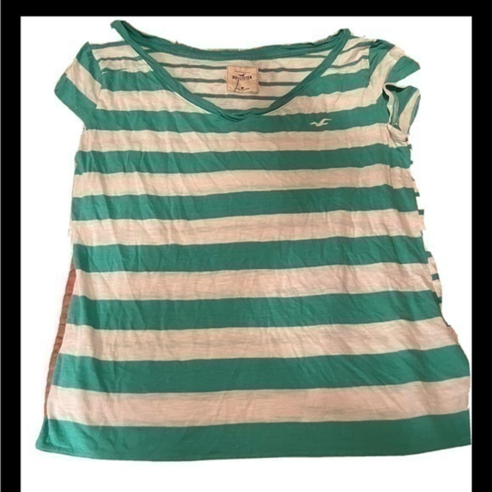 Hollister Tee Shirt Green and white stripes size medium. 

No pink on it (